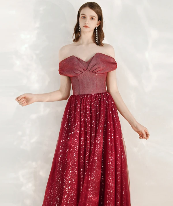 Schöne Rot Abendkleider 2020 A Linie Off Shoulder Kurze Ärmel Star Pailletten Glanz Tülle Lange Rüschen Rückenfreies Festliche Kleider