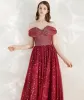 Chic / Beautiful Red Evening Dresses  2020 A-Line / Princess Off-The-Shoulder Short Sleeve Star Sequins Glitter Tulle Floor-Length / Long Ruffle Backless Formal Dresses