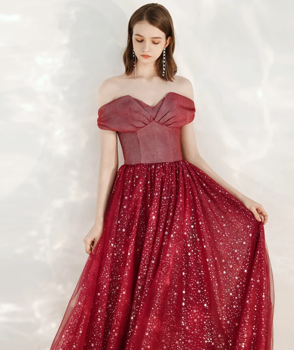 Schöne Rot Abendkleider 2020 A Linie Off Shoulder Kurze Ärmel Star Pailletten Glanz Tülle Lange Rüschen Rückenfreies Festliche Kleider