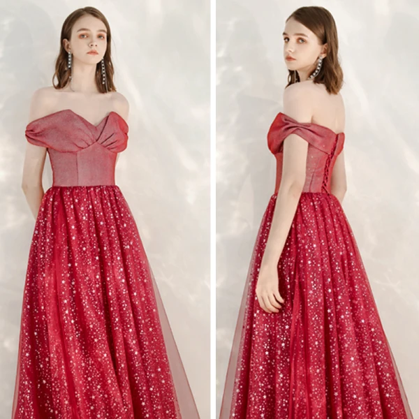 Schöne Rot Abendkleider 2020 A Linie Off Shoulder Kurze Ärmel Star Pailletten Glanz Tülle Lange Rüschen Rückenfreies Festliche Kleider