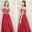 Schöne Rot Abendkleider 2020 A Linie Off Shoulder Kurze Ärmel Star Pailletten Glanz Tülle Lange Rüschen Rückenfreies Festliche Kleider