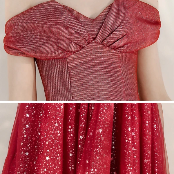Schöne Rot Abendkleider 2020 A Linie Off Shoulder Kurze Ärmel Star Pailletten Glanz Tülle Lange Rüschen Rückenfreies Festliche Kleider