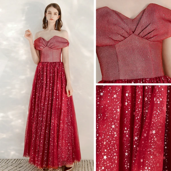 Schöne Rot Abendkleider 2020 A Linie Off Shoulder Kurze Ärmel Star Pailletten Glanz Tülle Lange Rüschen Rückenfreies Festliche Kleider