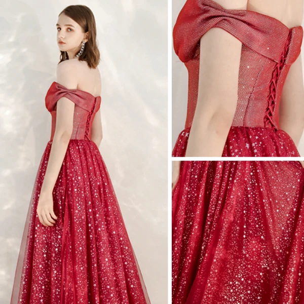 Schöne Rot Abendkleider 2020 A Linie Off Shoulder Kurze Ärmel Star Pailletten Glanz Tülle Lange Rüschen Rückenfreies Festliche Kleider