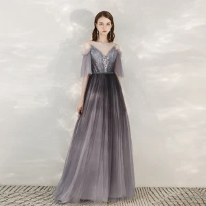 Elegant Grape Evening Dresses 2020 A Line Princess Spaghetti Straps V Neck 1 2 Sleeves Appliques Lace Beading Sash Floor Length Long Ruffle Backless Formal Dresses