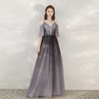 Eleganckie Winogrono Sukienki Wieczorowe 2020 Princessa Spaghetti Pasy V Szyja 1 2 Rękawy Aplikacje Z Koronki Frezowanie Szarfa Długie Wzburzyć Bez Pleców Sukienki Wizytowe