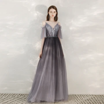 Elegant Grape Evening Dresses 2020 A Line Princess Spaghetti Straps V Neck 1 2 Sleeves Appliques Lace Beading Sash Floor Length Long Ruffle Backless Formal Dresses