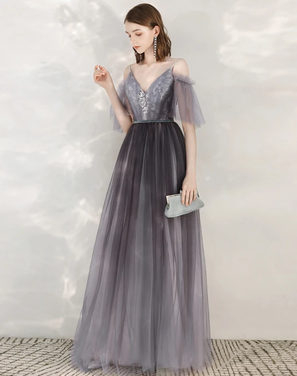 Elegant Grape Evening Dresses  2020 A-Line / Princess Spaghetti Straps V-Neck 1/2 Sleeves Appliques Lace Beading Sash Floor-Length / Long Ruffle Backless Formal Dresses