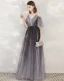 Elegant Grape Evening Dresses  2020 A-Line / Princess Spaghetti Straps V-Neck 1/2 Sleeves Appliques Lace Beading Sash Floor-Length / Long Ruffle Backless Formal Dresses
