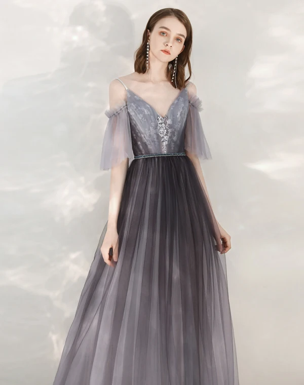 Elegant Grape Evening Dresses  2020 A-Line / Princess Spaghetti Straps V-Neck 1/2 Sleeves Appliques Lace Beading Sash Floor-Length / Long Ruffle Backless Formal Dresses