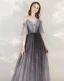 Elegant Grape Evening Dresses  2020 A-Line / Princess Spaghetti Straps V-Neck 1/2 Sleeves Appliques Lace Beading Sash Floor-Length / Long Ruffle Backless Formal Dresses