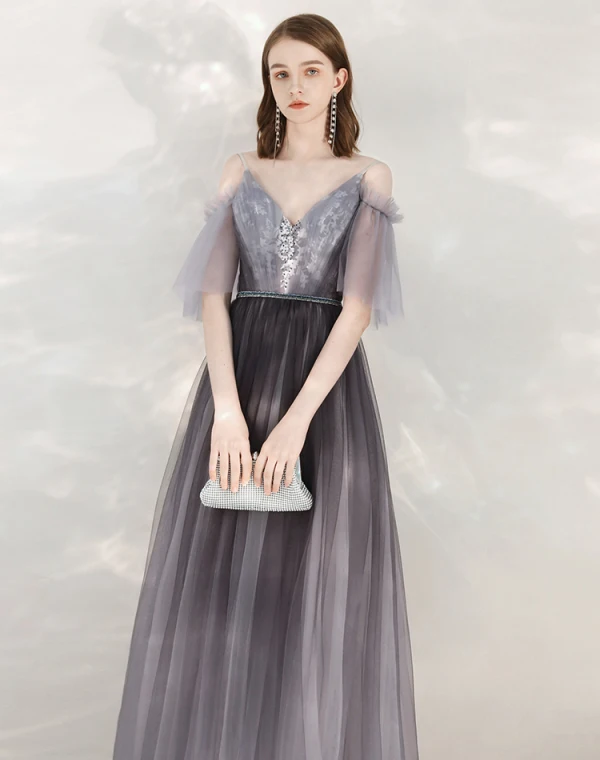 Elegant Grape Evening Dresses  2020 A-Line / Princess Spaghetti Straps V-Neck 1/2 Sleeves Appliques Lace Beading Sash Floor-Length / Long Ruffle Backless Formal Dresses