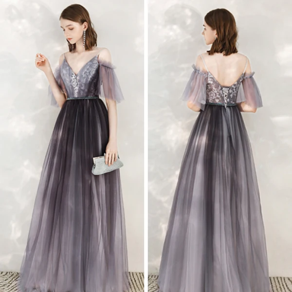 Elegant Grape Evening Dresses  2020 A-Line / Princess Spaghetti Straps V-Neck 1/2 Sleeves Appliques Lace Beading Sash Floor-Length / Long Ruffle Backless Formal Dresses