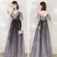 Elegant Grape Evening Dresses  2020 A-Line / Princess Spaghetti Straps V-Neck 1/2 Sleeves Appliques Lace Beading Sash Floor-Length / Long Ruffle Backless Formal Dresses