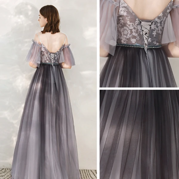 Elegant Grape Evening Dresses  2020 A-Line / Princess Spaghetti Straps V-Neck 1/2 Sleeves Appliques Lace Beading Sash Floor-Length / Long Ruffle Backless Formal Dresses
