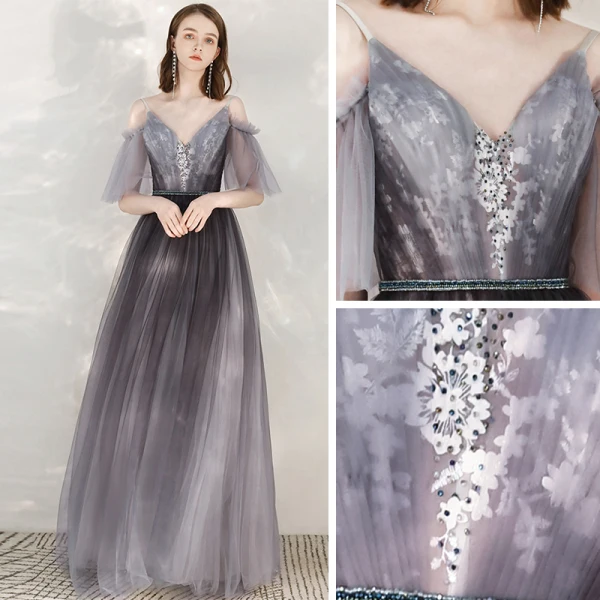 Elegant Grape Evening Dresses  2020 A-Line / Princess Spaghetti Straps V-Neck 1/2 Sleeves Appliques Lace Beading Sash Floor-Length / Long Ruffle Backless Formal Dresses