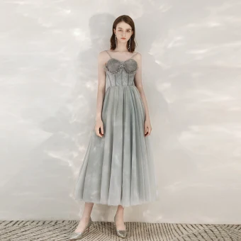 Fashion Homecoming Spaghetti Straps Sage Green Prom Dresses 2020 Sleeveless Glitter Tulle Tea Length Backless Graduation Dresses