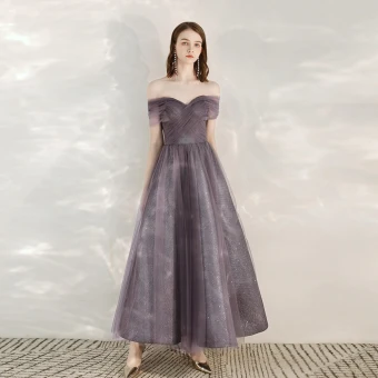 Chic Beautiful Grape Homecoming Graduation Dresses 2020 A Line Princess Off The Shoulder Short Sleeve Glitter Tulle Ankle Length Ruffle Backless Formal Dresses