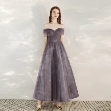 Chic Beautiful Grape Homecoming Graduation Dresses 2020 A Line Princess Off The Shoulder Short Sleeve Glitter Tulle Ankle Length Ruffle Backless Formal Dresses
