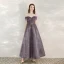 Chic / Beautiful Grape Homecoming Graduation Dresses 2020 A-Line / Princess Off-The-Shoulder Short Sleeve Glitter Tulle Ankle Length Ruffle Backless Formal Dresses
