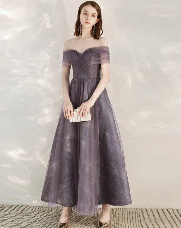 Chic / Beautiful Grape Homecoming Graduation Dresses 2020 A-Line / Princess Off-The-Shoulder Short Sleeve Glitter Tulle Ankle Length Ruffle Backless Formal Dresses