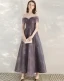 Chic / Beautiful Grape Homecoming Graduation Dresses 2020 A-Line / Princess Off-The-Shoulder Short Sleeve Glitter Tulle Ankle Length Ruffle Backless Formal Dresses