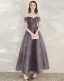 Chic / Beautiful Grape Homecoming Graduation Dresses 2020 A-Line / Princess Off-The-Shoulder Short Sleeve Glitter Tulle Ankle Length Ruffle Backless Formal Dresses