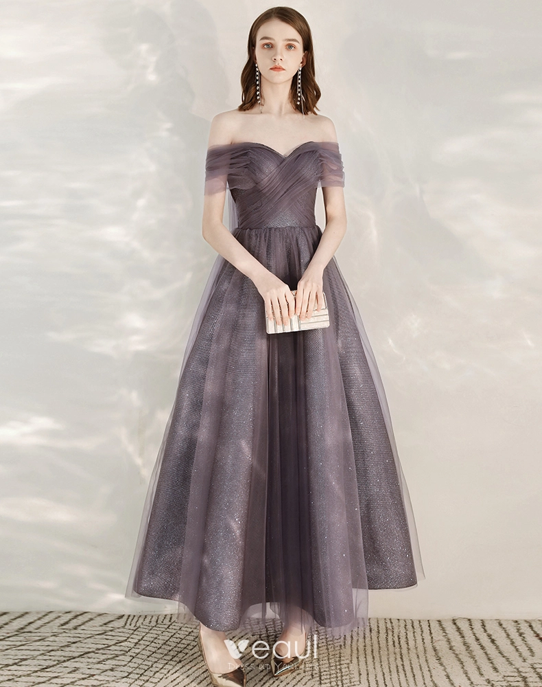 Hermoso Uva de fiesta Vestidos de graduacion 2020 A Line Princess Fuera Del Hombro Manga Corta Glitter Tul La altura del tobillo Ruffle Sin Espalda Vestidos Formales