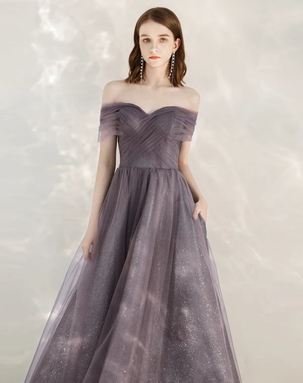 Chic / Beautiful Grape Homecoming Graduation Dresses 2020 A-Line / Princess Off-The-Shoulder Short Sleeve Glitter Tulle Ankle Length Ruffle Backless Formal Dresses