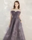 Chic / Beautiful Grape Homecoming Graduation Dresses 2020 A-Line / Princess Off-The-Shoulder Short Sleeve Glitter Tulle Ankle Length Ruffle Backless Formal Dresses