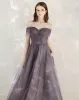 Chic / Beautiful Grape Homecoming Graduation Dresses 2020 A-Line / Princess Off-The-Shoulder Short Sleeve Glitter Tulle Ankle Length Ruffle Backless Formal Dresses