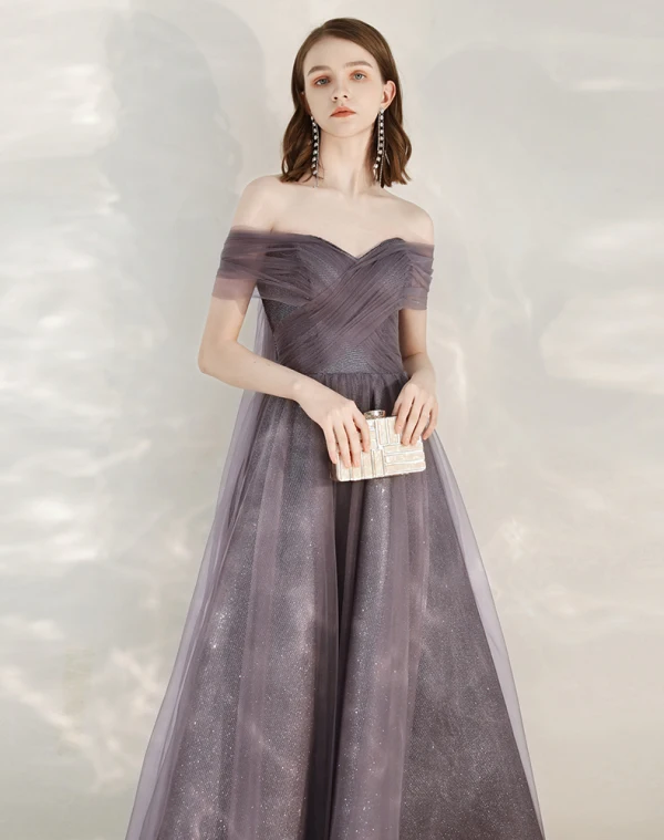 Chic / Beautiful Grape Homecoming Graduation Dresses 2020 A-Line / Princess Off-The-Shoulder Short Sleeve Glitter Tulle Ankle Length Ruffle Backless Formal Dresses
