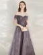 Chic / Beautiful Grape Homecoming Graduation Dresses 2020 A-Line / Princess Off-The-Shoulder Short Sleeve Glitter Tulle Ankle Length Ruffle Backless Formal Dresses