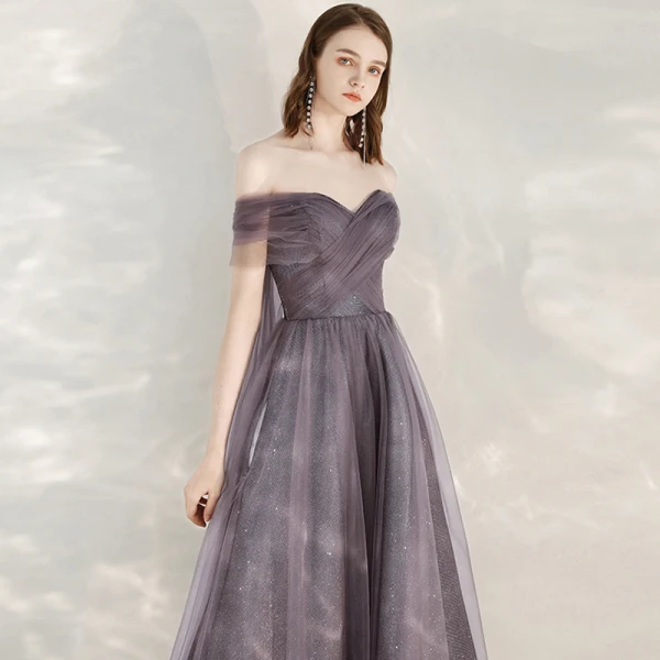 Chic / Beautiful Grape Homecoming Graduation Dresses 2020 A-Line / Princess Off-The-Shoulder Short Sleeve Glitter Tulle Ankle Length Ruffle Backless Formal Dresses