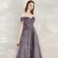 Chic / Beautiful Grape Homecoming Graduation Dresses 2020 A-Line / Princess Off-The-Shoulder Short Sleeve Glitter Tulle Ankle Length Ruffle Backless Formal Dresses