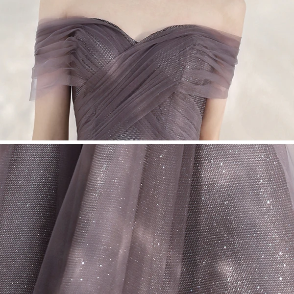 Chic / Beautiful Grape Homecoming Graduation Dresses 2020 A-Line / Princess Off-The-Shoulder Short Sleeve Glitter Tulle Ankle Length Ruffle Backless Formal Dresses