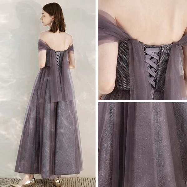 Chic / Beautiful Grape Homecoming Graduation Dresses 2020 A-Line / Princess Off-The-Shoulder Short Sleeve Glitter Tulle Ankle Length Ruffle Backless Formal Dresses
