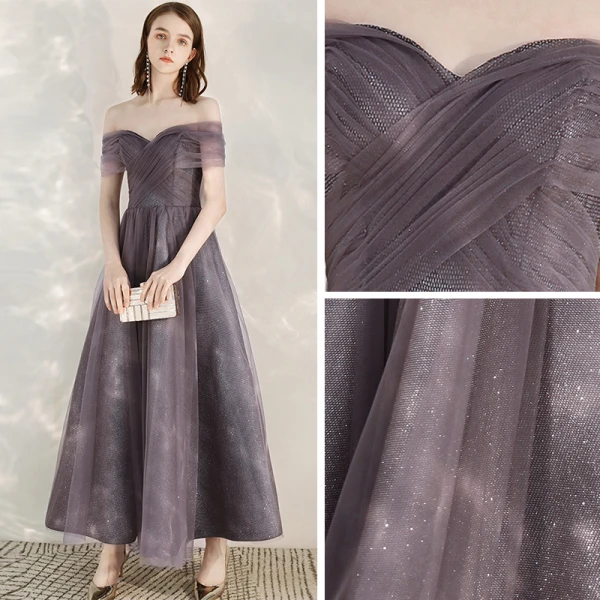 Chic / Beautiful Grape Homecoming Graduation Dresses 2020 A-Line / Princess Off-The-Shoulder Short Sleeve Glitter Tulle Ankle Length Ruffle Backless Formal Dresses