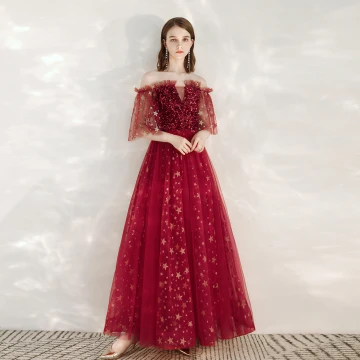 Mode Rouge Robe De Soirée 2020 Princesse De L 039 Épaule 1 2 Manches Glitter Étoile Paillettes Longue Volants Dos Nu Robe De Ceremonie