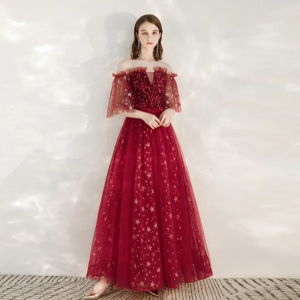 Fashion Red Evening Dresses  2020 A-Line / Princess Off-The-Shoulder 1/2 Sleeves Glitter Star Sequins Floor-Length / Long Ruffle Backless Formal Dresses