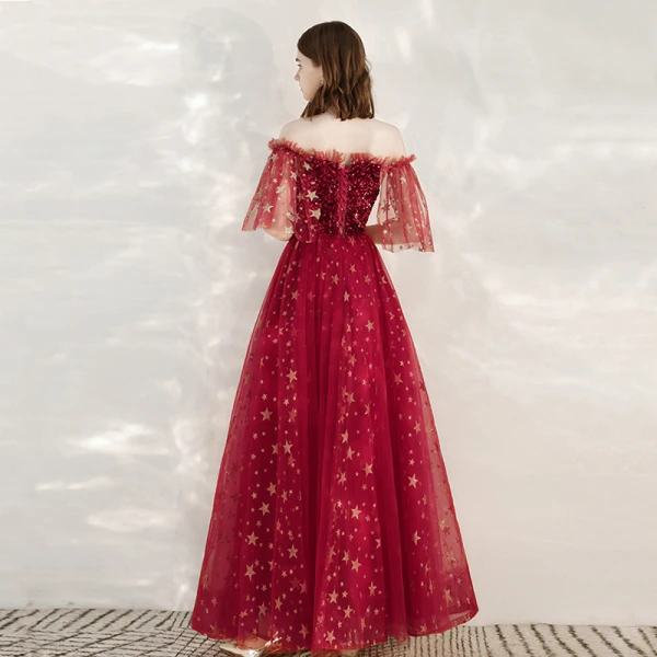 Fashion Red Evening Dresses  2020 A-Line / Princess Off-The-Shoulder 1/2 Sleeves Glitter Star Sequins Floor-Length / Long Ruffle Backless Formal Dresses