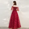 Fashion Red Evening Dresses  2020 A-Line / Princess Off-The-Shoulder 1/2 Sleeves Glitter Star Sequins Floor-Length / Long Ruffle Backless Formal Dresses