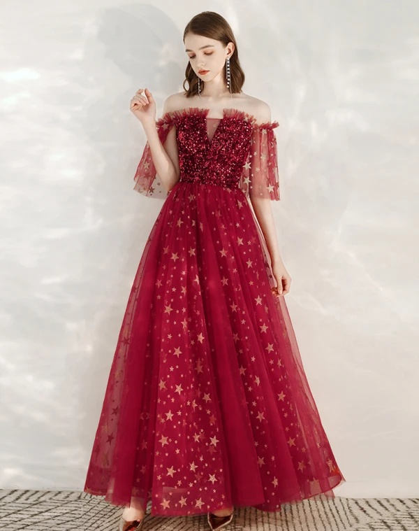 Fashion Red Evening Dresses  2020 A-Line / Princess Off-The-Shoulder 1/2 Sleeves Glitter Star Sequins Floor-Length / Long Ruffle Backless Formal Dresses