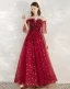 Fashion Red Evening Dresses  2020 A-Line / Princess Off-The-Shoulder 1/2 Sleeves Glitter Star Sequins Floor-Length / Long Ruffle Backless Formal Dresses