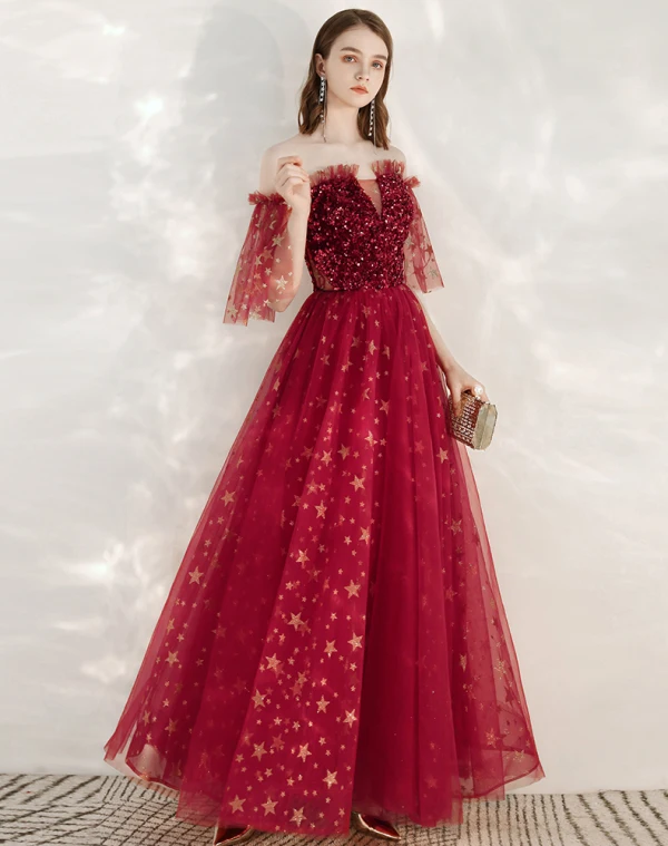 Fashion Red Evening Dresses  2020 A-Line / Princess Off-The-Shoulder 1/2 Sleeves Glitter Star Sequins Floor-Length / Long Ruffle Backless Formal Dresses