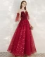 Fashion Red Evening Dresses  2020 A-Line / Princess Off-The-Shoulder 1/2 Sleeves Glitter Star Sequins Floor-Length / Long Ruffle Backless Formal Dresses