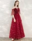Fashion Red Evening Dresses  2020 A-Line / Princess Off-The-Shoulder 1/2 Sleeves Glitter Star Sequins Floor-Length / Long Ruffle Backless Formal Dresses