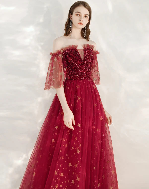 Fashion Red Evening Dresses  2020 A-Line / Princess Off-The-Shoulder 1/2 Sleeves Glitter Star Sequins Floor-Length / Long Ruffle Backless Formal Dresses