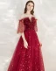 Fashion Red Evening Dresses  2020 A-Line / Princess Off-The-Shoulder 1/2 Sleeves Glitter Star Sequins Floor-Length / Long Ruffle Backless Formal Dresses