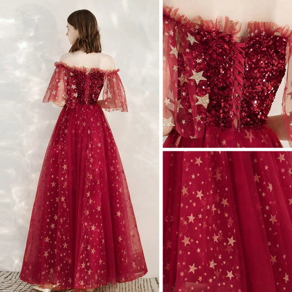 Fashion Red Evening Dresses  2020 A-Line / Princess Off-The-Shoulder 1/2 Sleeves Glitter Star Sequins Floor-Length / Long Ruffle Backless Formal Dresses